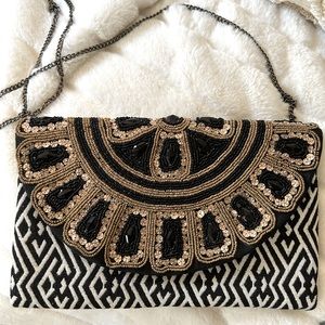 NWOT Beaded & Woven Jacquard Clutch With Crossbody Chain